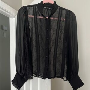Zara Black Sheer Bishop Sleeve Blouse